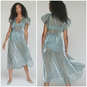 Reformation Sheer Satin Midi Dress in Seafoam